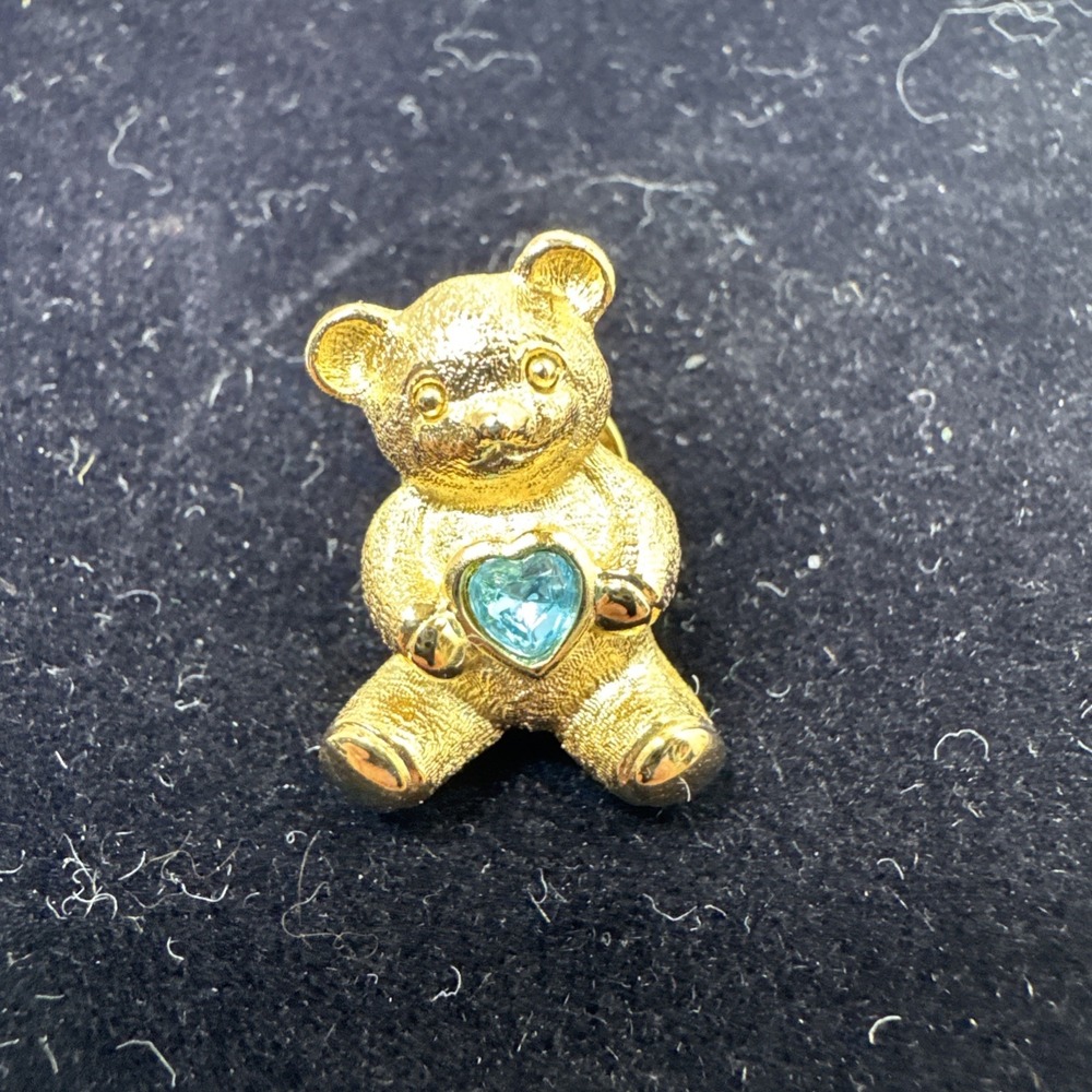 Bear Aqua Blue Avon Pin March December Birthstone Vintage Gold Tone 1"